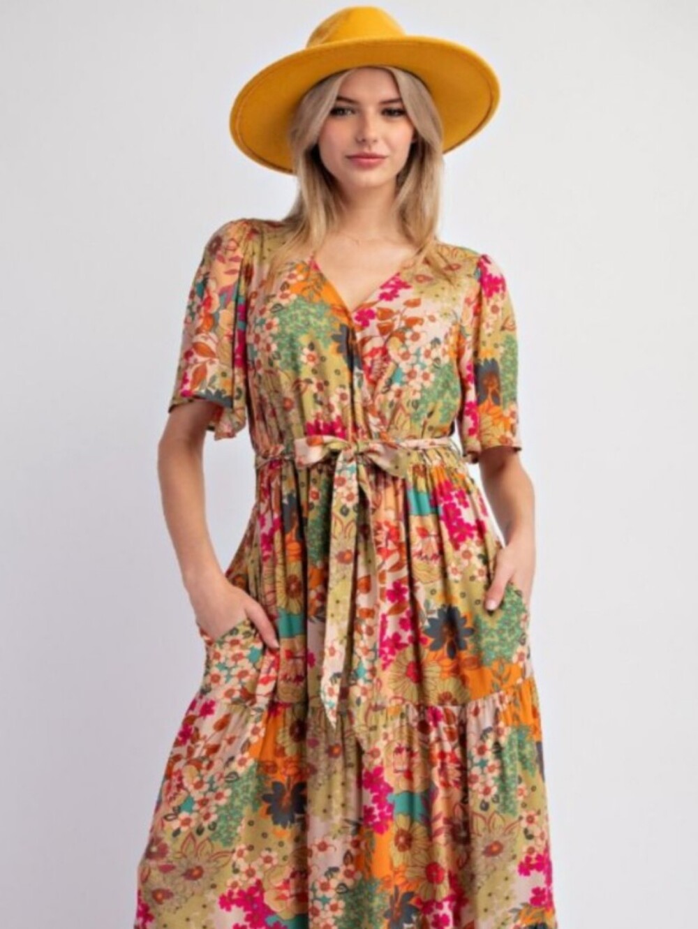 Floral Tiered Maxi Dress with Tie Waist in Multi-Color